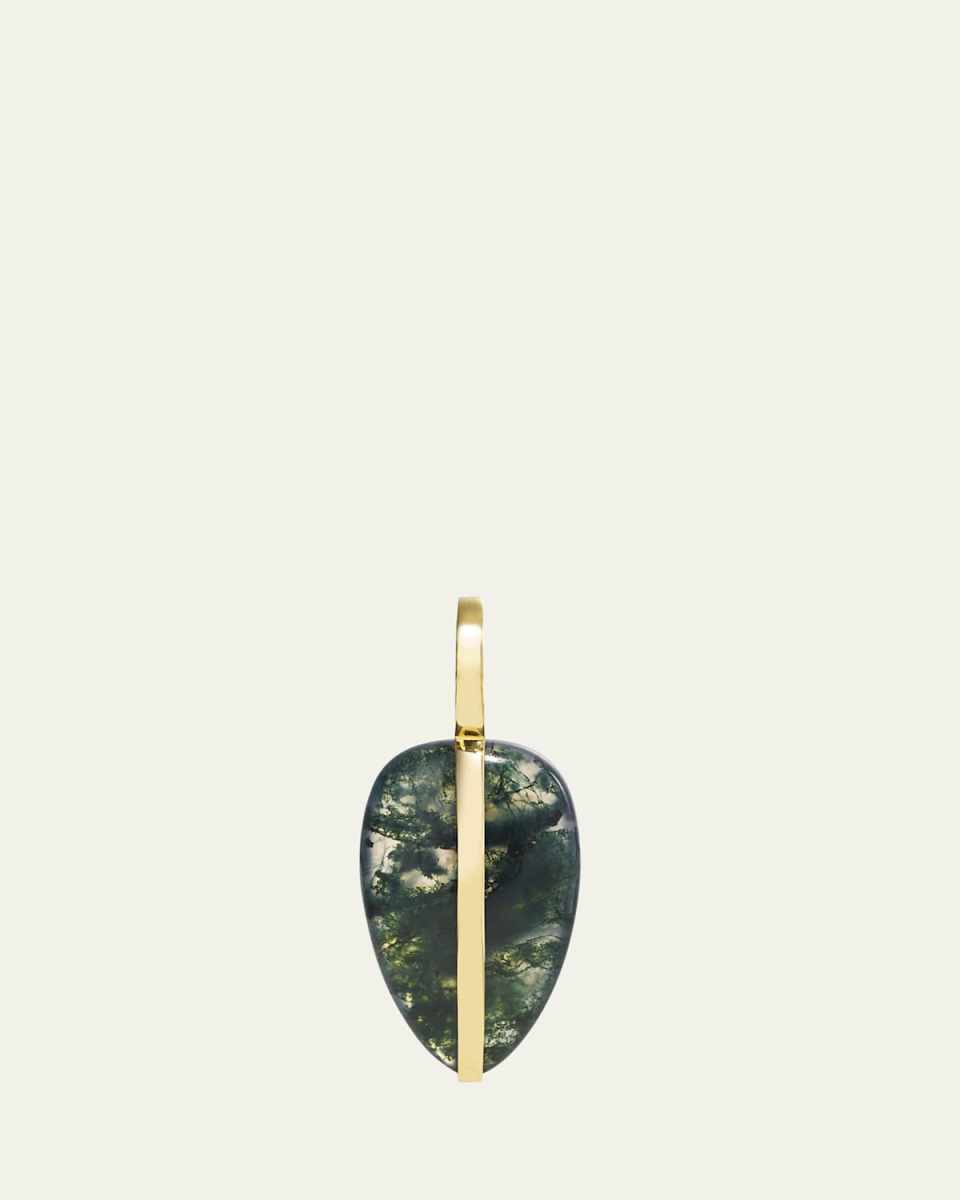 14K Yellow Gold Moss Agate Small Pebble Pendant